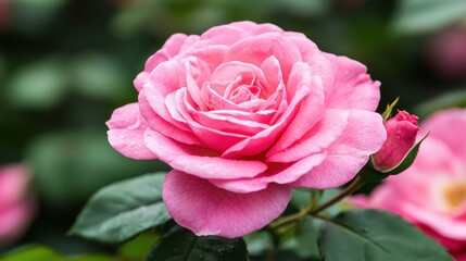 Close up of a pink rose with water droplets on the petals. Concept of nature, beauty, and floral.