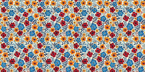 Colorful floral pattern with red, blue, and yellow flowers and leafy vines