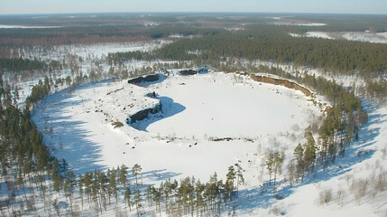 Aerial view of frozen quarry lake, winter forest background, landscape photography