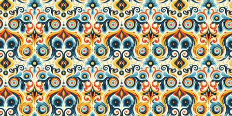 Colorful ornate floral pattern with symmetrical swirls and bold curves in vintage style
