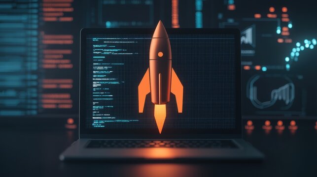 Laptop with rocket launch on screen. Concept of startup, business, and technology.