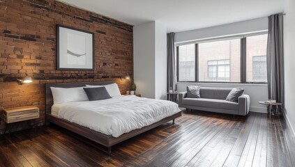 Modern bedroom with exposed brick wall, hardwood floors, and a gray sofa.