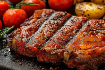 Close-up of a delicious Steak (A thick slice of beef, grilled or pan-fried, often served with potatoes and vegetables.)
