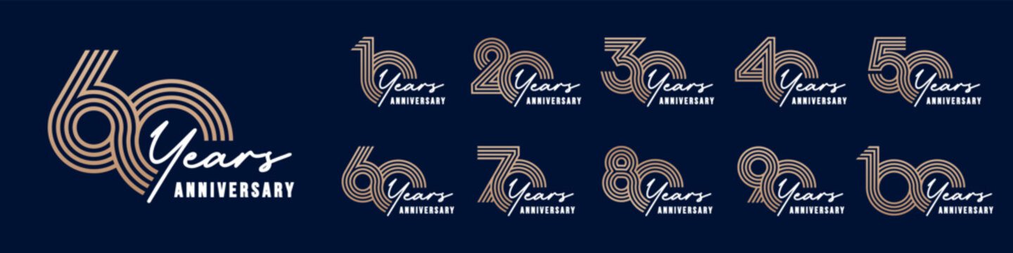 collection anniversary 10 to 100 year logo designs. abstract number for celebration event, wedding, greeting card, and invitation, vector illustration