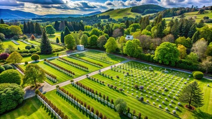 Fototapeta premium Aerial View of a Tranquil Closed War Cemetery in Strathpeffer, Scotland