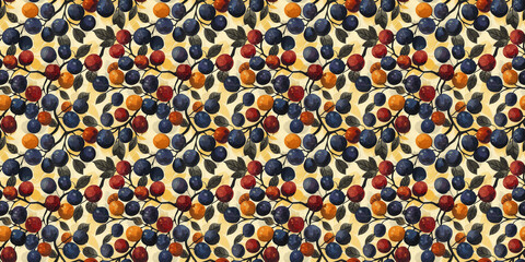 Vibrant pattern of abstract berries and leaves on a light background