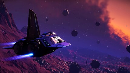 Futuristic spaceship soaring above an alien world with vibrant skies
