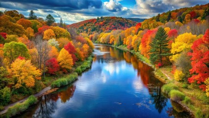 Naklejka premium River winding through vibrant autumn landscape, river scenery, foliage, river scenery, foliage, scenery, reflection, calm, water