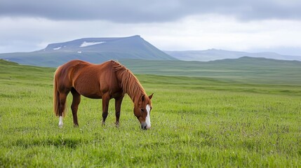 Obraz premium A horse grazes in a green field with mountains in the background. Concept of nature, animals, and wildlife.