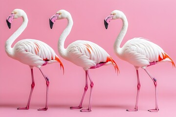Obraz premium Trio of elegant flamingos standing gracefully in a row against a soft background
