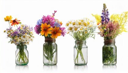 Colorful wildflower bouquets in rustic glass jars 