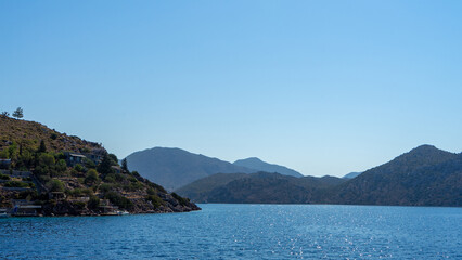 View of Mediterranean coast near village Turunс, municipality and district Marmaris, Mugla Province, Turkey. Holiday resort on Mediterranean sea coast