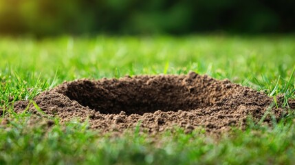A hole in the ground on a green lawn. Concept of gardening, pest control, and nature.