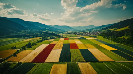 Aerial view of colorful farmland patchwork in mountainous valley
