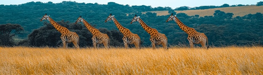 Obraz premium Giraffes grazing in a tranquil savannah africa wildlife photography natural landscape wide angle serenity