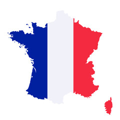France map of national flag colors isolated on white background. Country border, blank contour, flat design. Vector clipart for banner backdrop, french events, politic and travel illustration.