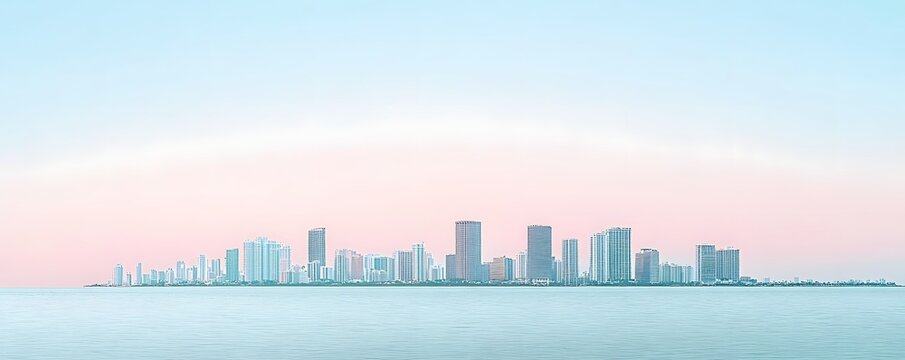 Coastal city skyline is visible across a body of water