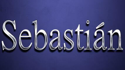 3D Chrome name design of Spanish name Sebastian on blue Background.
