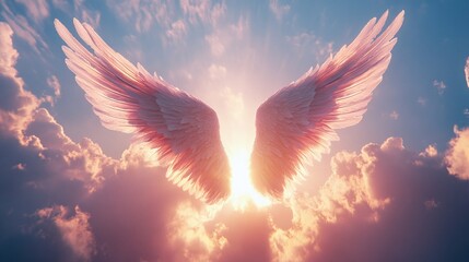 angel wings against blue sky and bright sunlight