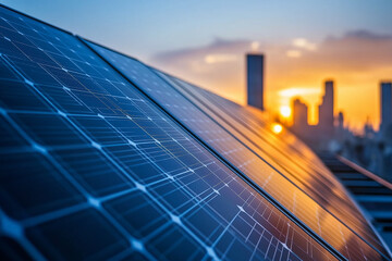 Sunset and sunrise over a city skyline with buildings, skyscrapers, and a glowing sky