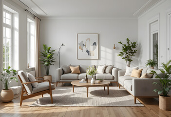 Fototapeta premium Contemporary bright living room with neutral colors, cozy furniture, and modern decor elements.