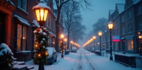 Fototapeta premium Snow-covered streetlight with festive garland and sparkling lights, wintry, lights