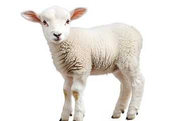 Fototapeta premium An Adorable White Lamb Stands Against A White Background