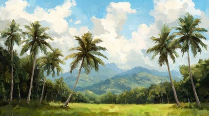 Obraz premium Painting of a tropical landscape with palm trees, mountains, and a cloudy sky. Concept of nature, travel, and vacation.