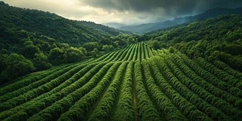 Fototapeta premium Lush Green Vineyard Landscape Under Dramatic Sky with Rolling Hills and Cloudy Background in a Serene Rural Setting