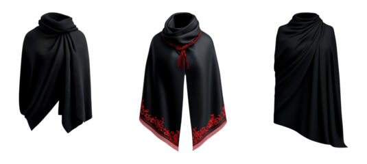 Collection of women's stylish black capes with red accents isolated on  transparent background