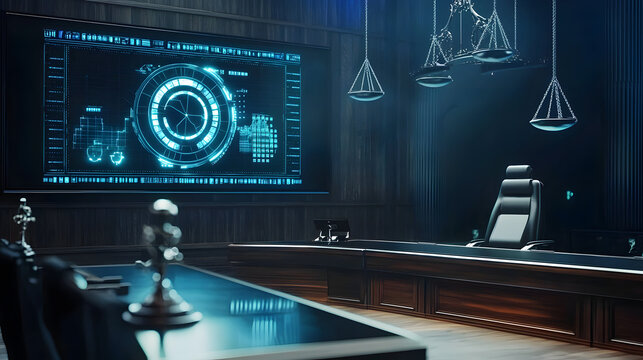 A room with a large screen on the wall and a black desk with a chair