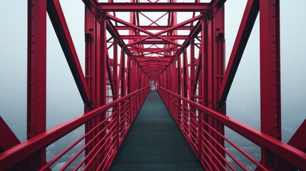 A red steel bridge disappearing into the fog. Perspective view of the bridge structure.