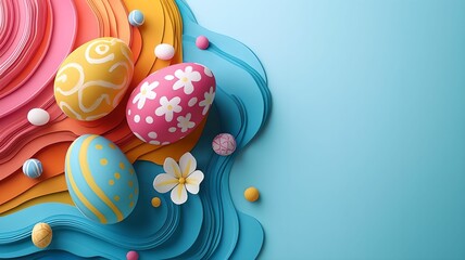 Vibrant Easter promotion poster with gradient pastel background, decorative eggs, and minimalist blank space for customizable marketing design. Spring holiday sale concept.