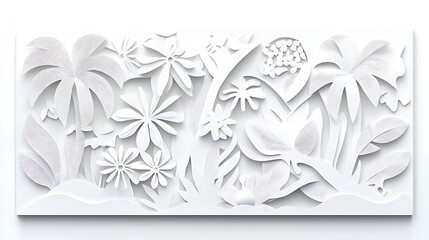 Papercut Tropical Scene: Delicate White Floral and Palm Panel Illustration AI Generated