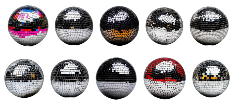 Collection of disco balls with reflective mirror surfaces isolated on transparent background