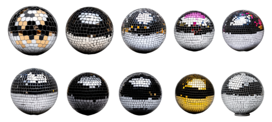 Collection of disco balls with reflective mirror surfaces isolated on transparent background