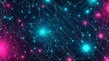 Fototapeta premium Abstract Futuristic Circuit Board Background with Neon Pink and Cyan Lines and Glowing Nodes