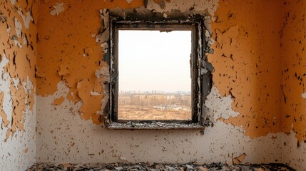 Interior of an abandoned room with peeling paint and a view of the city through the window. Concept of decay, abandonment, and urban exploration.