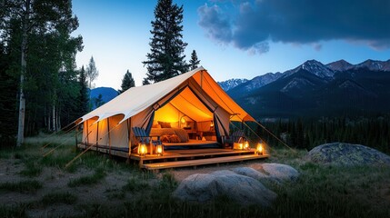 Luxury camping glamping tent experience. Cozy glamping tent surrounded by mountains at twilight.