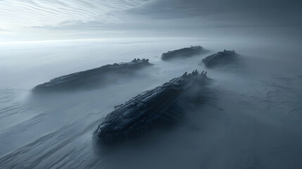 Spaceships crash-landed in arctic fog, desolate landscape, mystery, sci-fi concept art