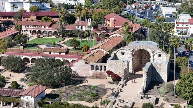An overhead drone view capturing the courtyard, arches, and stone ruins of Mission San Juan Capistrano in California, showcasing Spanish colonial architecture, gardens, and historical grounds.