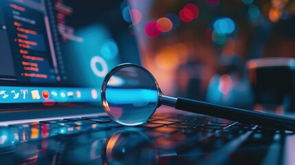 Close-up of laptop screen with search bar and magnifying glass icon, representing online privacy and data security concerns in digital age.