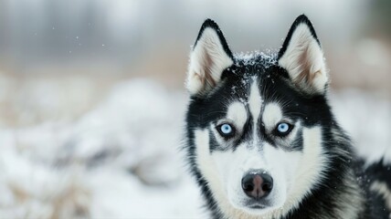 Naklejka premium Husky standing in the snowy mountains
