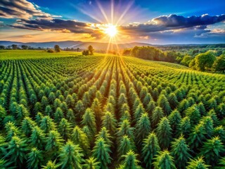 Aerial View of Lush Cannabis Plants in a Sunny Field, Vibrant Green Foliage Under Blue Sky