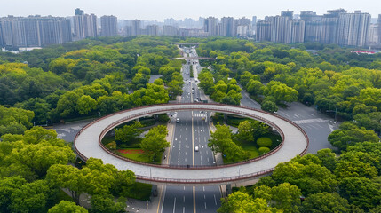 Aerial view of circular overpass highway through urban park, city skyline backdrop