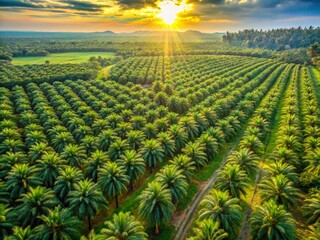 Fototapeta premium Aerial View of Lush Green African Oil Palm Plantation in Thailand