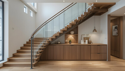 Contemporary open staircase with wooden treads and glass railing illuminates a modern interior hallway with custom storage below.