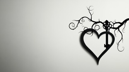 Heart key silhouette, vine background, romantic, graphic design