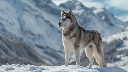Fototapeta premium Husky standing in the snowy mountains