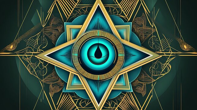 Teal and Gold Geometric Mandala: Digital Art Illustration AI Generated